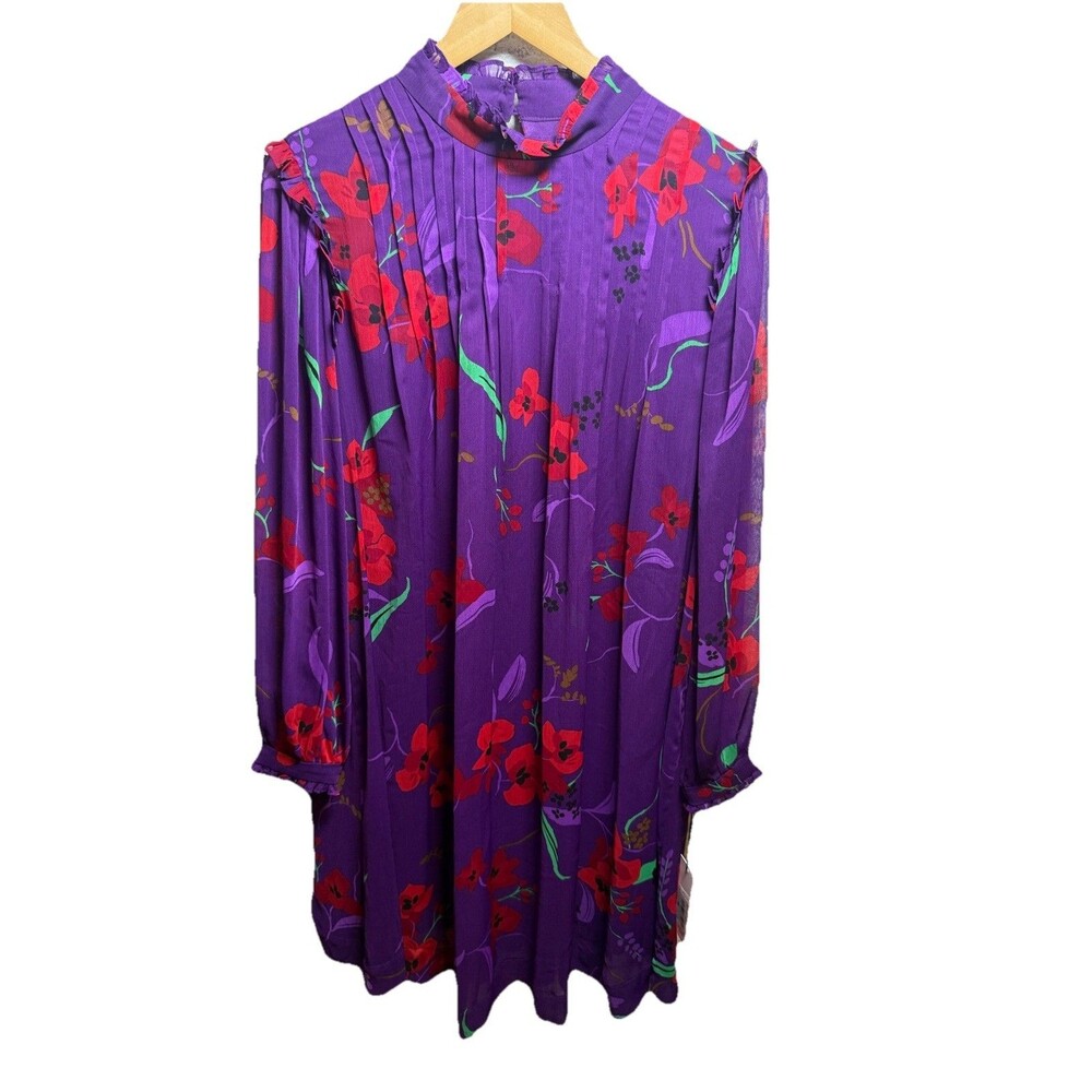 Calvin Klein Floral Dress 16W Purple Sheer Pleated Ruffle Romantic Wedding Guest